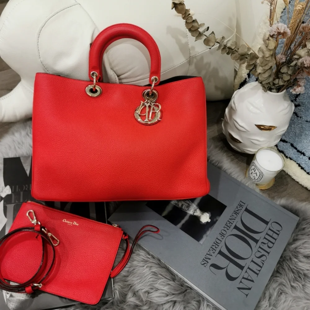 Dior Diorissimo Taurillon Leather Color Vermillion Red Hardware Champagne Gold - Picture 1 of 5